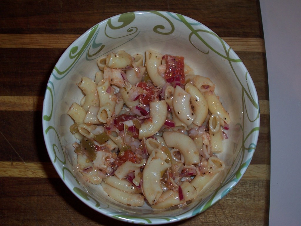 Tuna and Pasta Salad with Tomato and Green Chilies and Olives